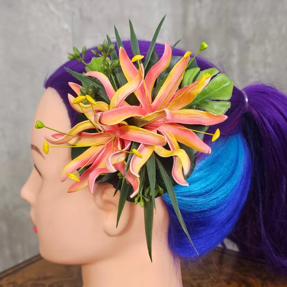Red Yellow Tropical Lily Hair Flower Clip Rockabilly‎ Tiki Pinup VLV Burlesque